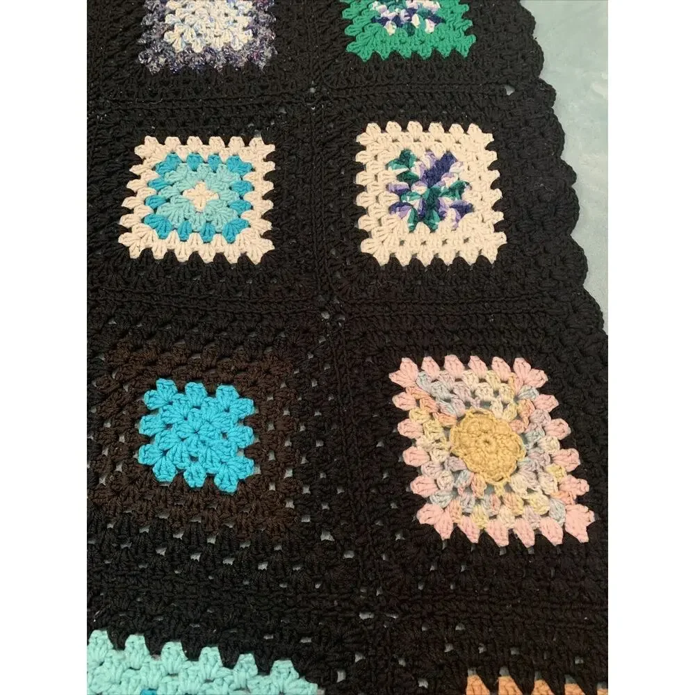 VTG Granny Square Black Afghan Crochet Throw Blanket Roseanne 62x68 SOME PILLING